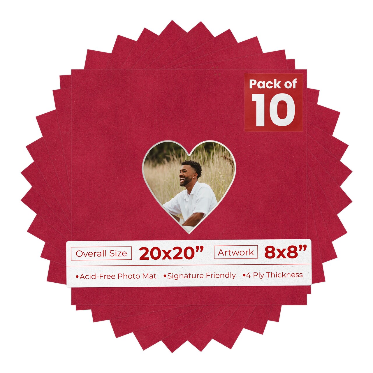 Red Suede Mat Board for 20x20 Frames - Heart Opening for 8x8 Photos